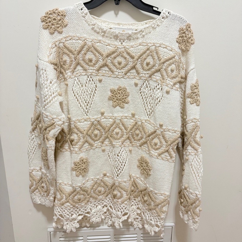 Express Vintage Tricot Crochet Knit Sweater Womens White Med Boho Handcrafted